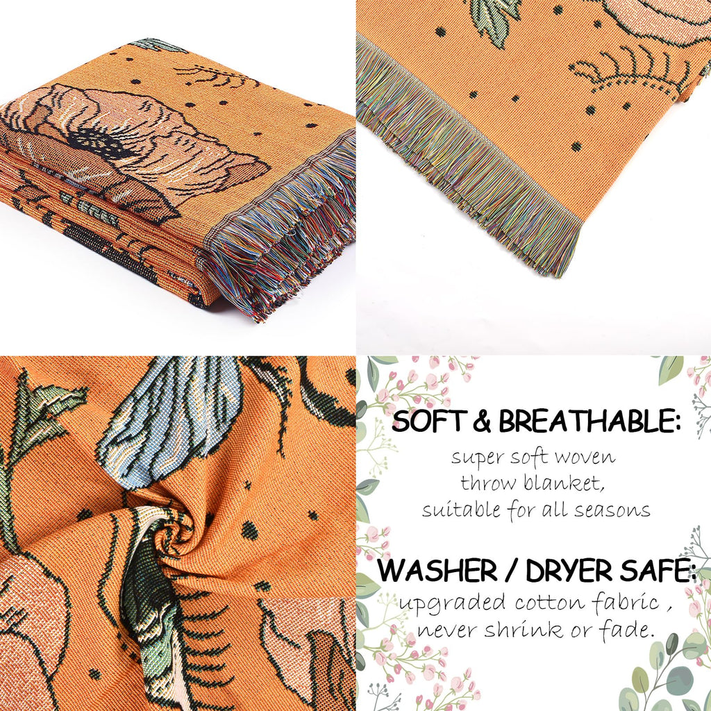 Boho Throw Blanket Reversible Cotton Bohemian Tapestry Hippie Room Decor Double Sided (Boho Bee Yelow 50"x60")