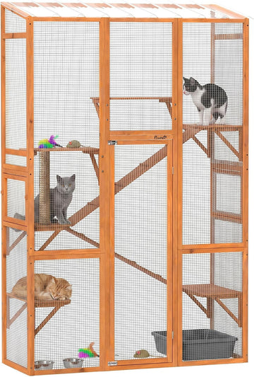 Outdoor Catio Cat Enclosure Large Wooden Cat House, 99" H Orange