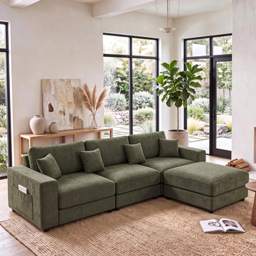 115" L-Shaped Modular Sectional Sofa, Oversized Deep Seat with Movable Ottoman, Chenille Upholstery, Side Pocket & 4