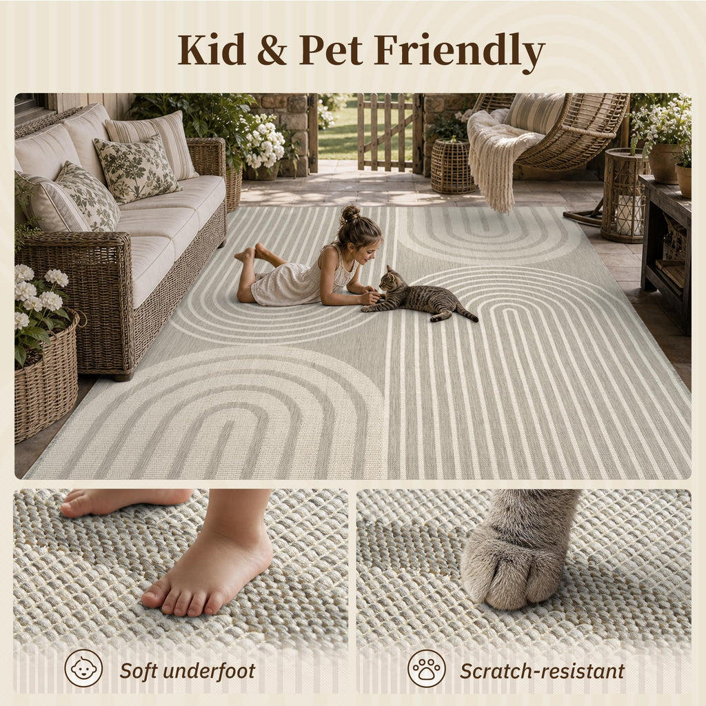 Grey Outdoor Rug-Patio Rug 8x10 ft Polypropylene Indoor Outdoor Rugs Outdoor Carpet Deck Balcony Porch, Textured