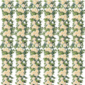 26 ft Artificial Eucalyptus Vines Garland with Flowers Faux Floral Greenery Garlands Rose Wreath for Wedding - Set of 6