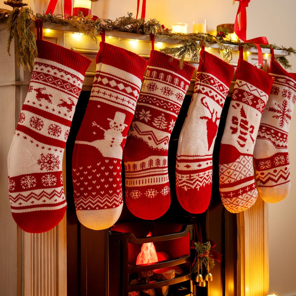 18" Christmas Knit Stockings, Large Rustic Yarn Xmas Stockings Bulk, Cable Knit Xmas Stockings with Snowflake - Set of 6