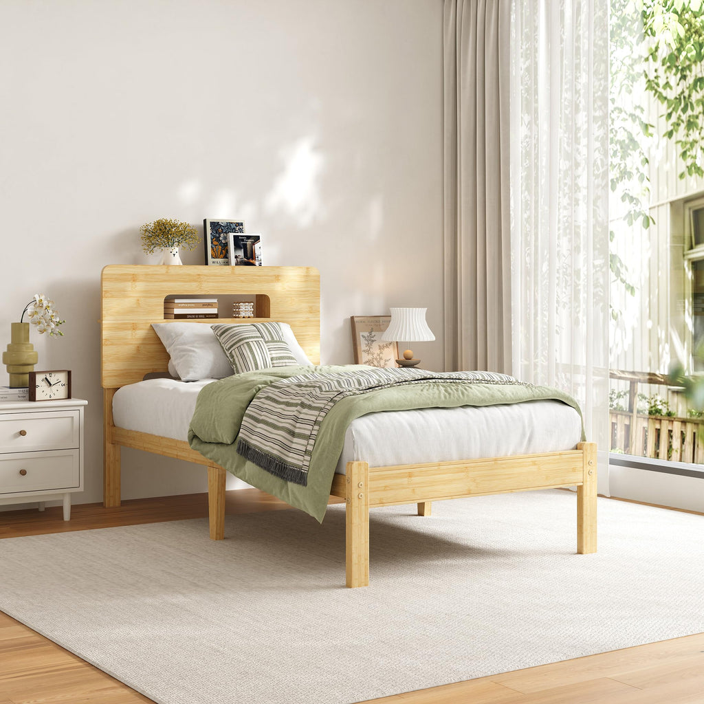 12 Inch Bamboo Platform Bed Frame Twin Size, Sturdy Bed Frame with Bamboo Frame & Iron Slats, Noise-Free Mattress
