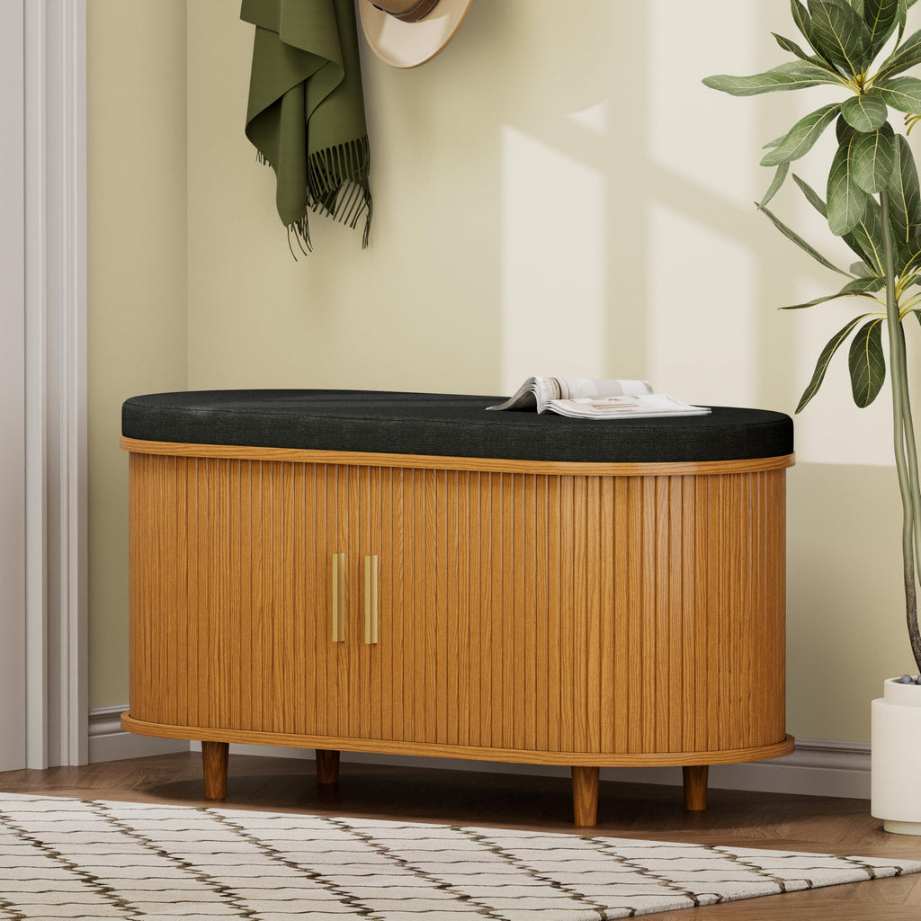 2-Tier Storage Bench, Wide Shoe Bench with Thickened Padded Seat Cushion, Mid Century Modern Fluted Sliding Door and