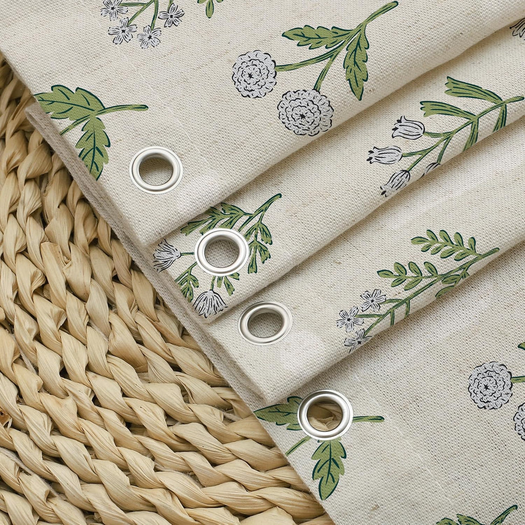 Linen Textured Ruffle Shower Curtain - Vintage Floral Block Print in Beige and Green, Boho Cottagecore Farmhouse