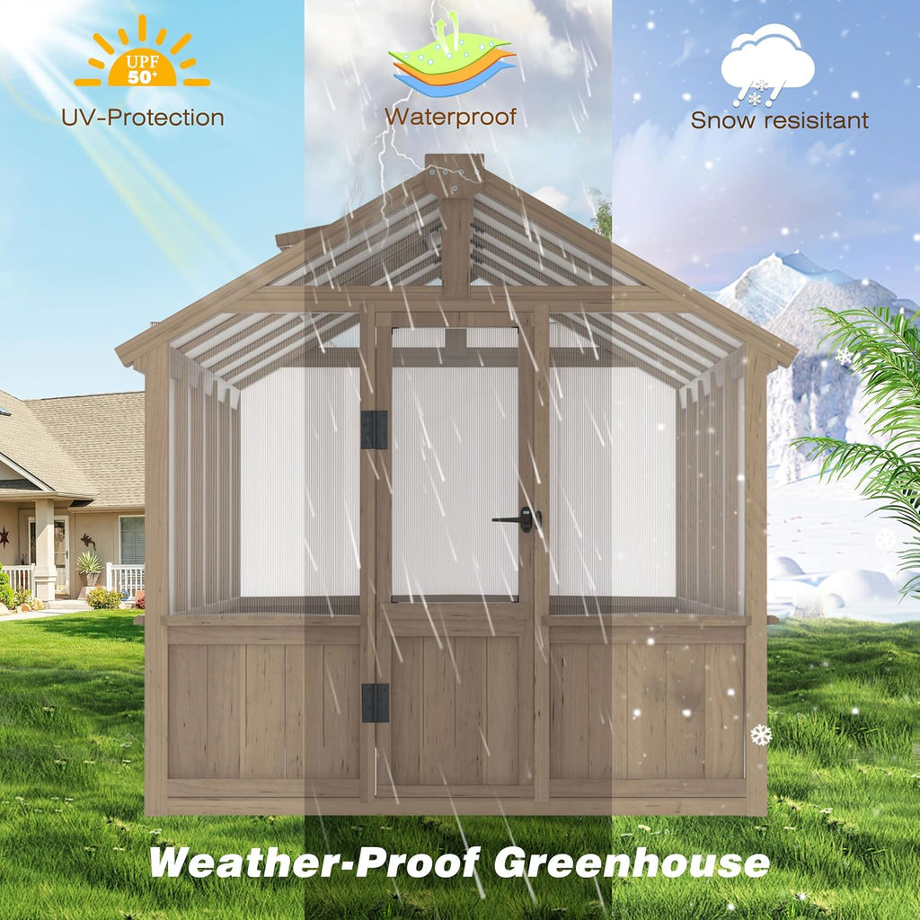 6'x10' Wooden Greenhouse for Outdoor, Heavy Duty Green House Kit with Ventilated Window and Lockable Door, 6mm PC
