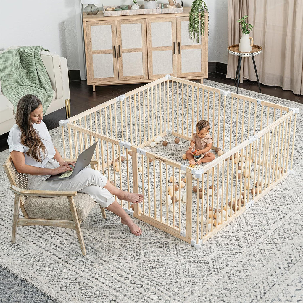 Baby Gate Playpen 57x57x25in - Foldable Playpen Light Wood White | Extends Up to 228", Natural Pine Wood Baby Fence