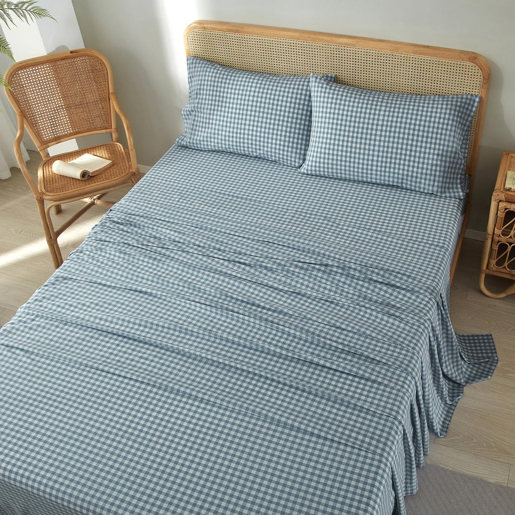 Blue Gingham Sheets Set Twin Size, Breathable Soft 100% Washed Cotton Blue Plaid Bed Sheets with 16" Deep Pocket