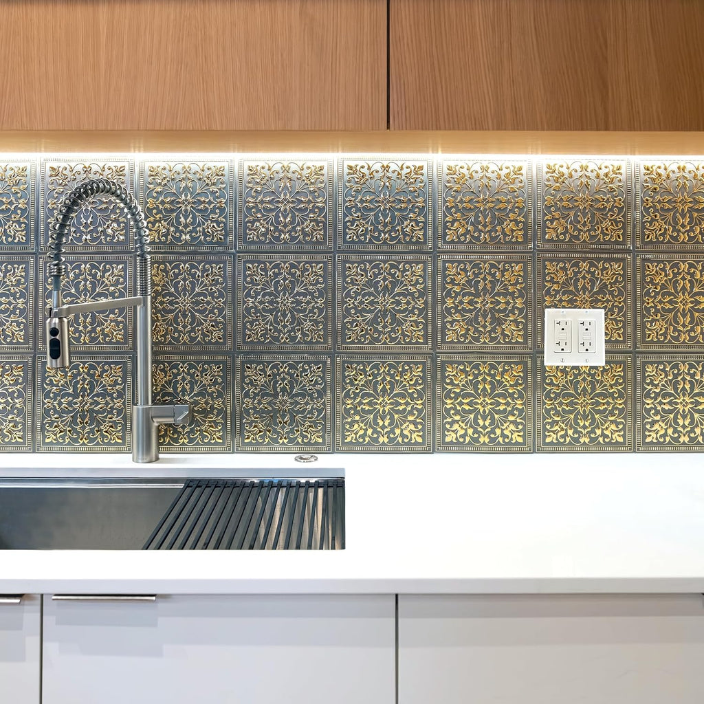 Peel and Stick Metal Backsplash , Rustic Farmhouse, 10-Pack | 8 x 8 in tile size; Covers up to 4.44 sq ft; Aluminum;