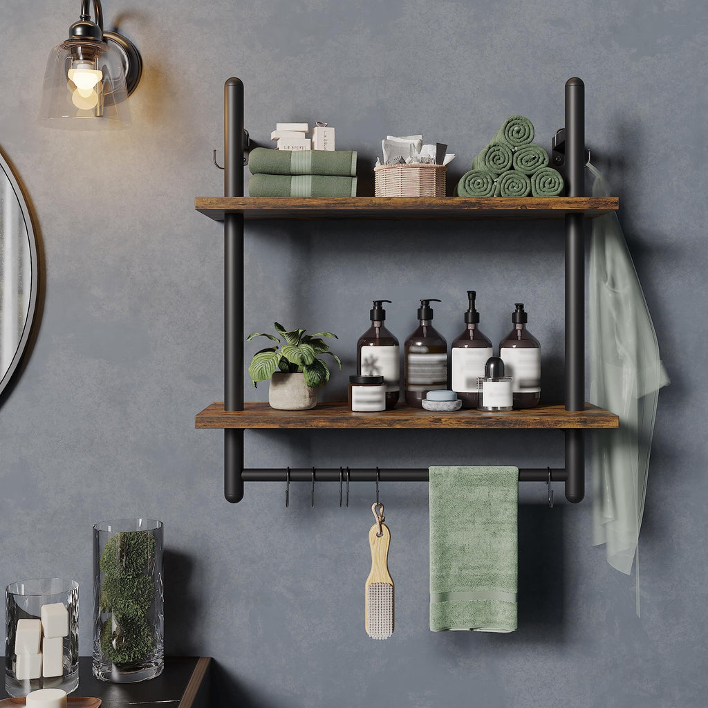 24" 2 Tier Industrial Pipe Wall Shelf with 8 Hooks, Rustic Brown