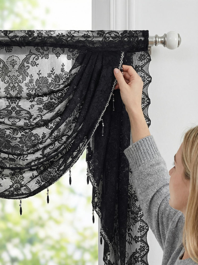 Black Lace Window Valance Curtains Swag Victorian Gothic Style