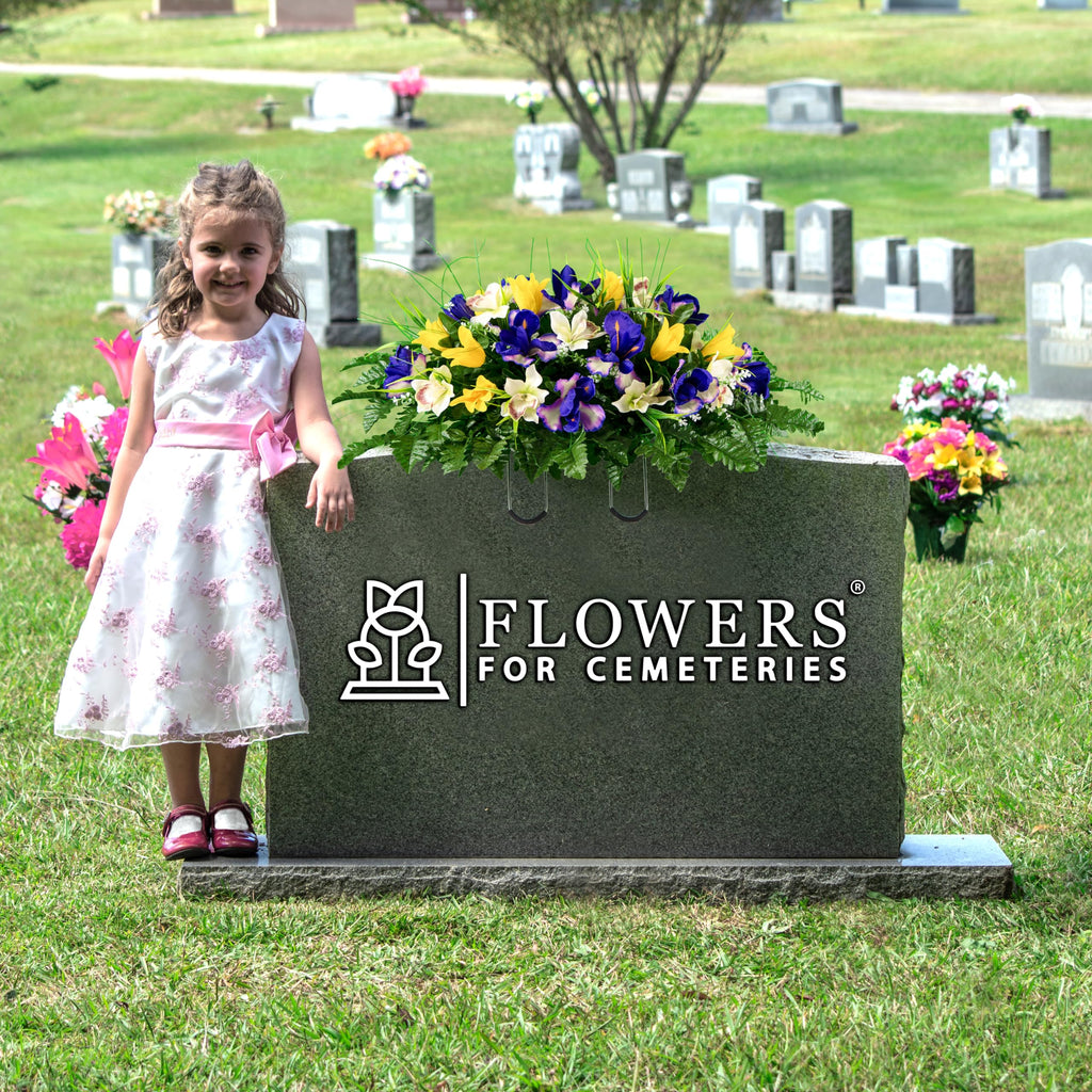 Yellow Tulip & Purple Iris Headstone Saddle