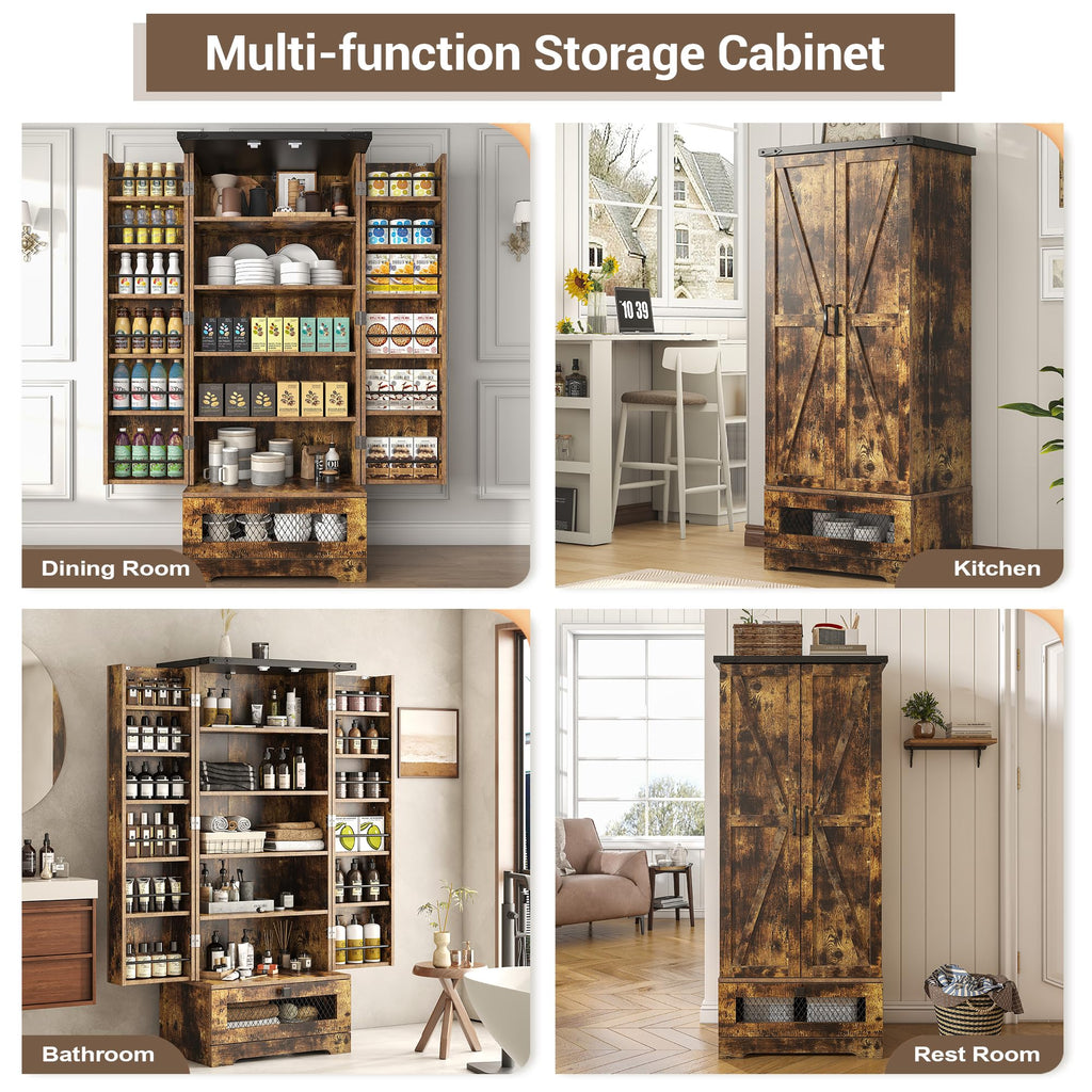 Farmhouse Pantry Cabinet with Adjustable Shelves and Drawer, Kitchen Cabinet Buffet Cupboards Storage Brown
