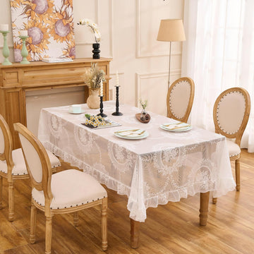 Lace Tablecloth with Ruffled Hem, Floral Embroidered Table Cover, Vintage Elegant Style (White, 55”x