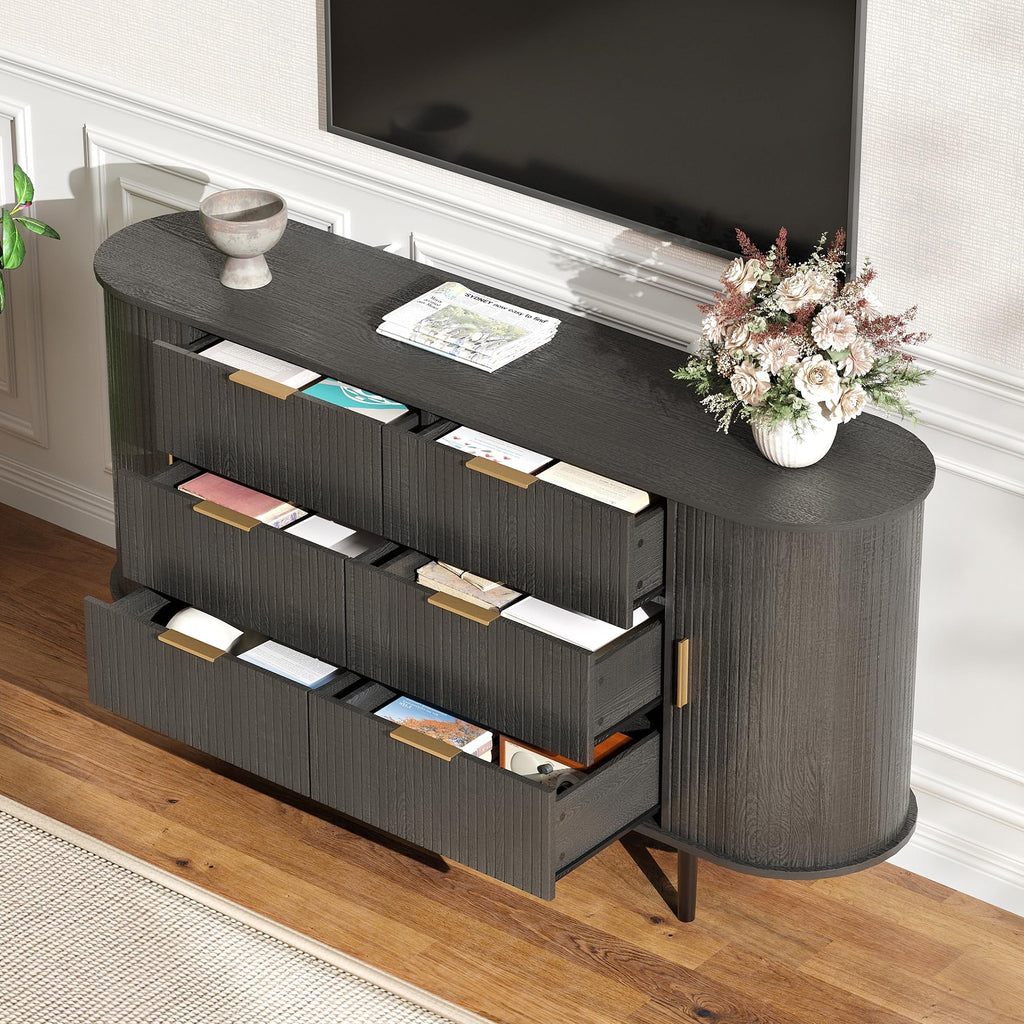 Fluted 6 Drawer Dresser, 63" Wide Modern Chest of Drawers with Gold Metal Handles, Curved Edge Design, Wood Storage