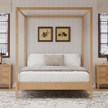 Queen Size Canopy Bed with Four Posters, Wooden Platform Bed Frame & 8.3" Storage Space Under Bed, Solid Wood Slats