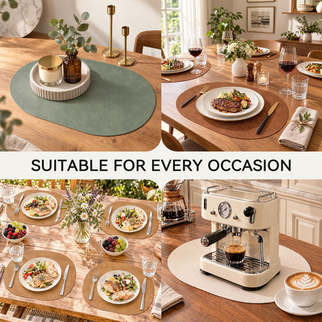 Oval Placemats Set of 6, Reversible Vinyl Faux Leather Wipeable Table Mats