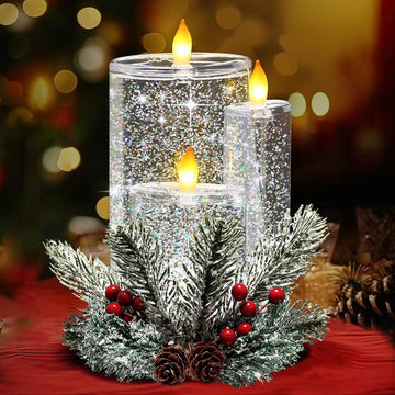 Christmas Snow Globe Flameless Candle, LED Lighted Electric Snow Globe with Spinning Glitter, Christmas Candles
