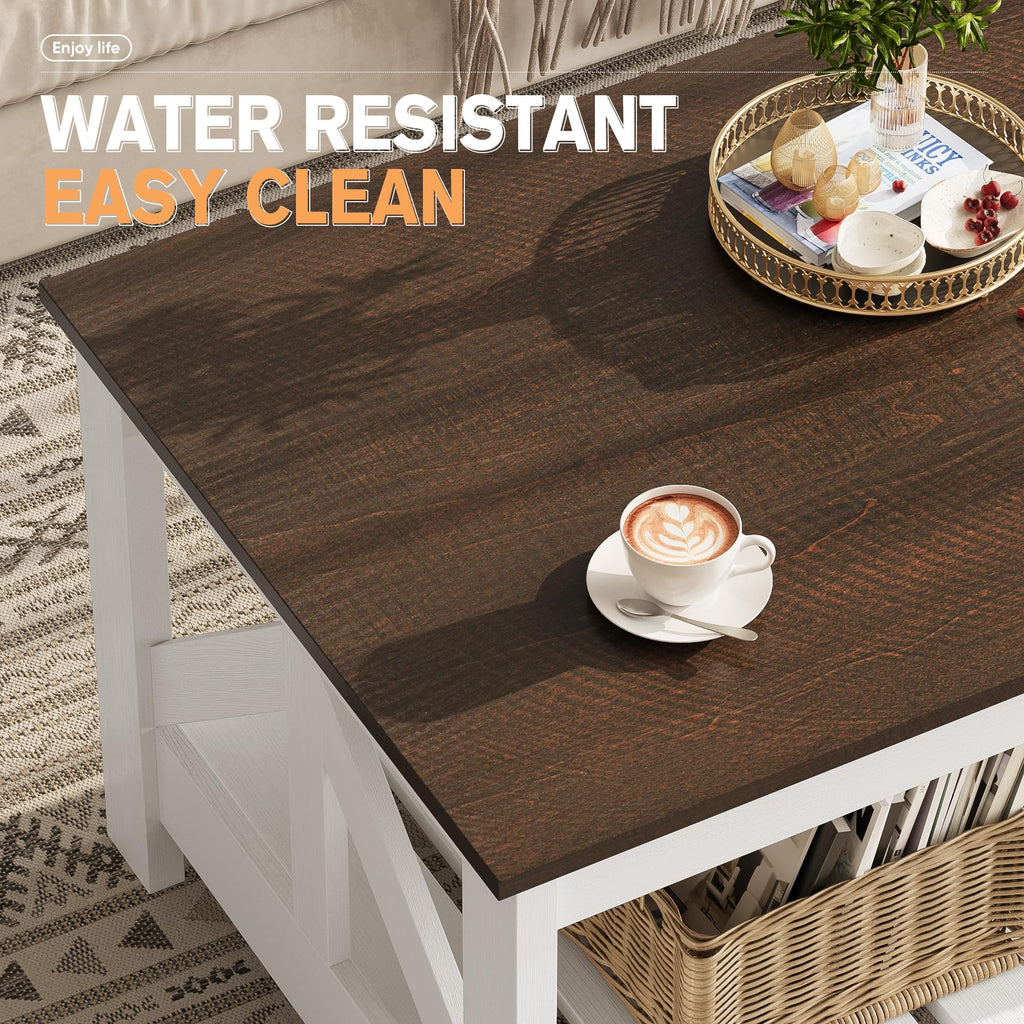 Farmhouse Coffee Table with Storage, Brown and White