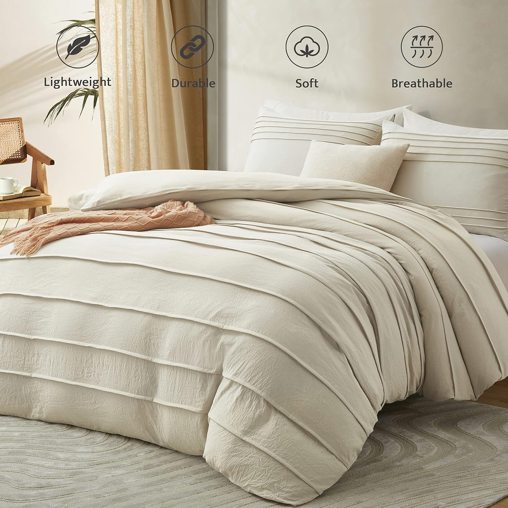 Beige Duvet Cover King - Pleated King Duvet Cover, 3PCS Soft and Breathable Textured Bedding Set with Zipper