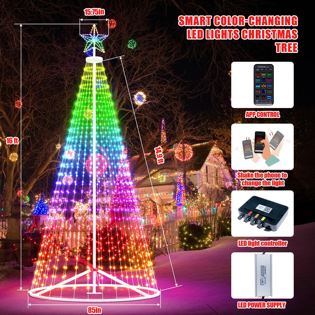 Outdoor Christmas Tree, 16 ft Prelit Christmas Tree, Smart Outside Christmas Trees Light Show, App Control with 1008