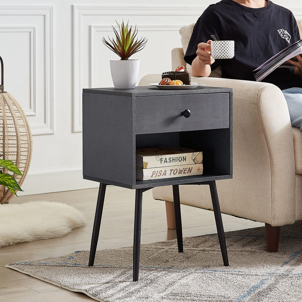 Nightstands Set of 2, Mid Century Modern End Bedside Table, Night Stand with Storage Drawer and 2 Tiers Open Shelf