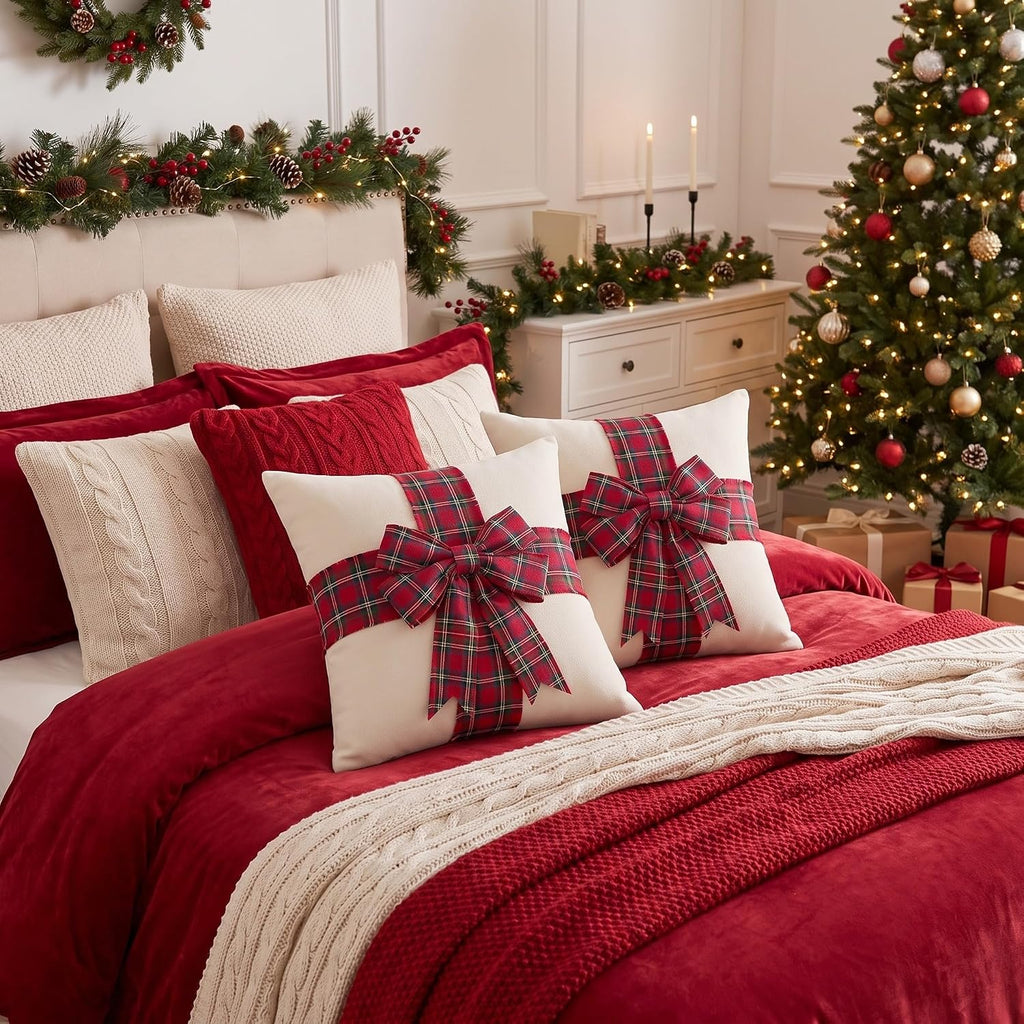 Christmas Pillow Covers with 3D Red Plaid Bow - Set of 2
