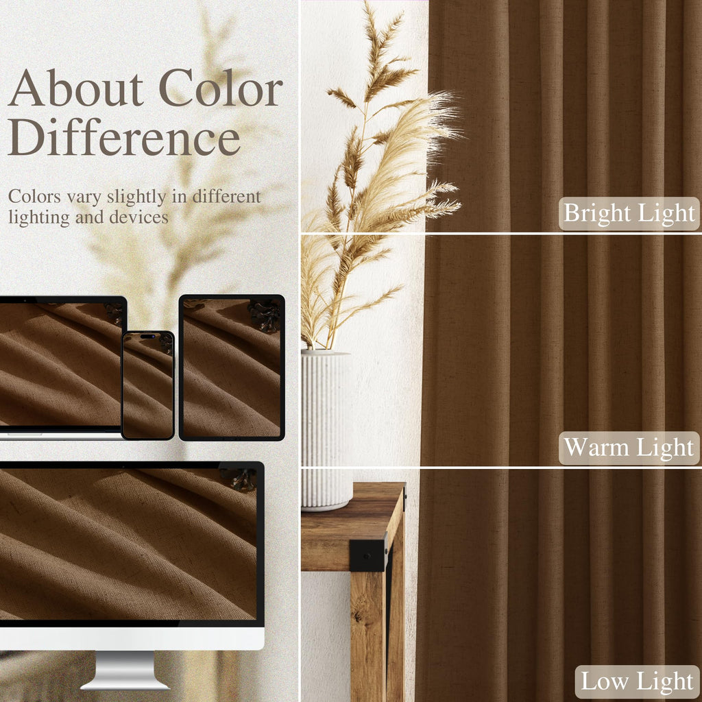 Tobacco Brown Linen Curtains 120 Inch Extra Long Back Tab Light Filtering Semi Sheer Drapes Modern Farmhouse Decor