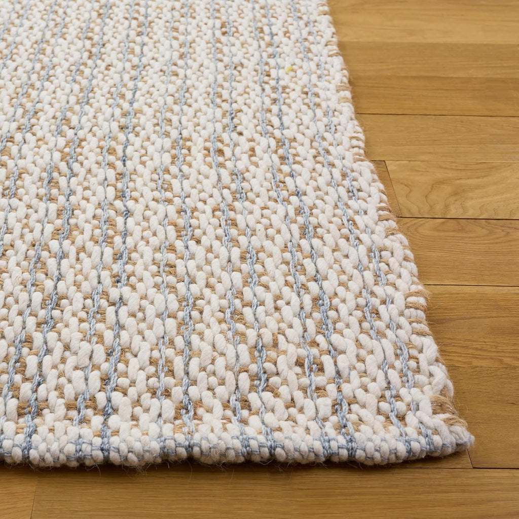 Area Rug - Natural Fiber Collection - Large - Natural & Light Blue, Handmade Jute & Wool, Ideal, Dining Space