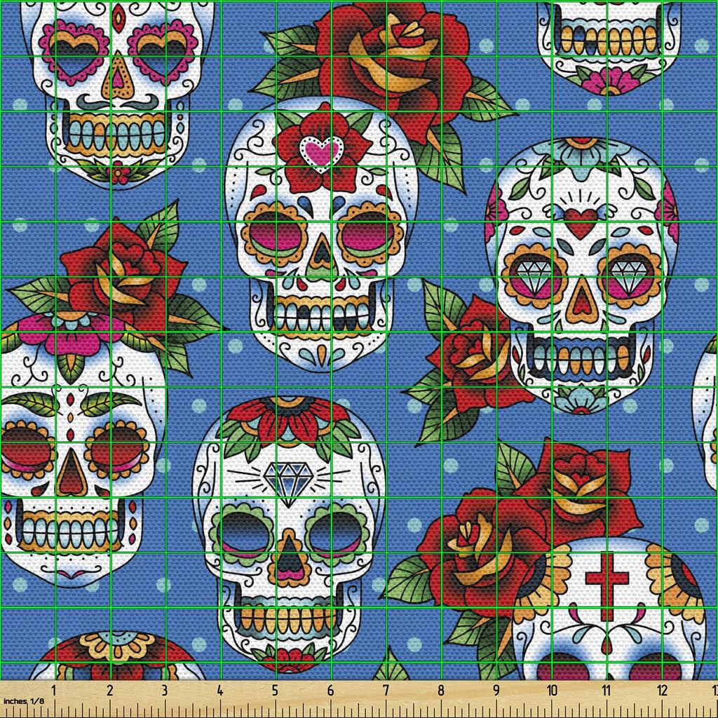 Sugar Skull Fabric by The Yard, Retro Style Mexican Cultural Pattern on Polka Dots Rose Bouquets Skeletons