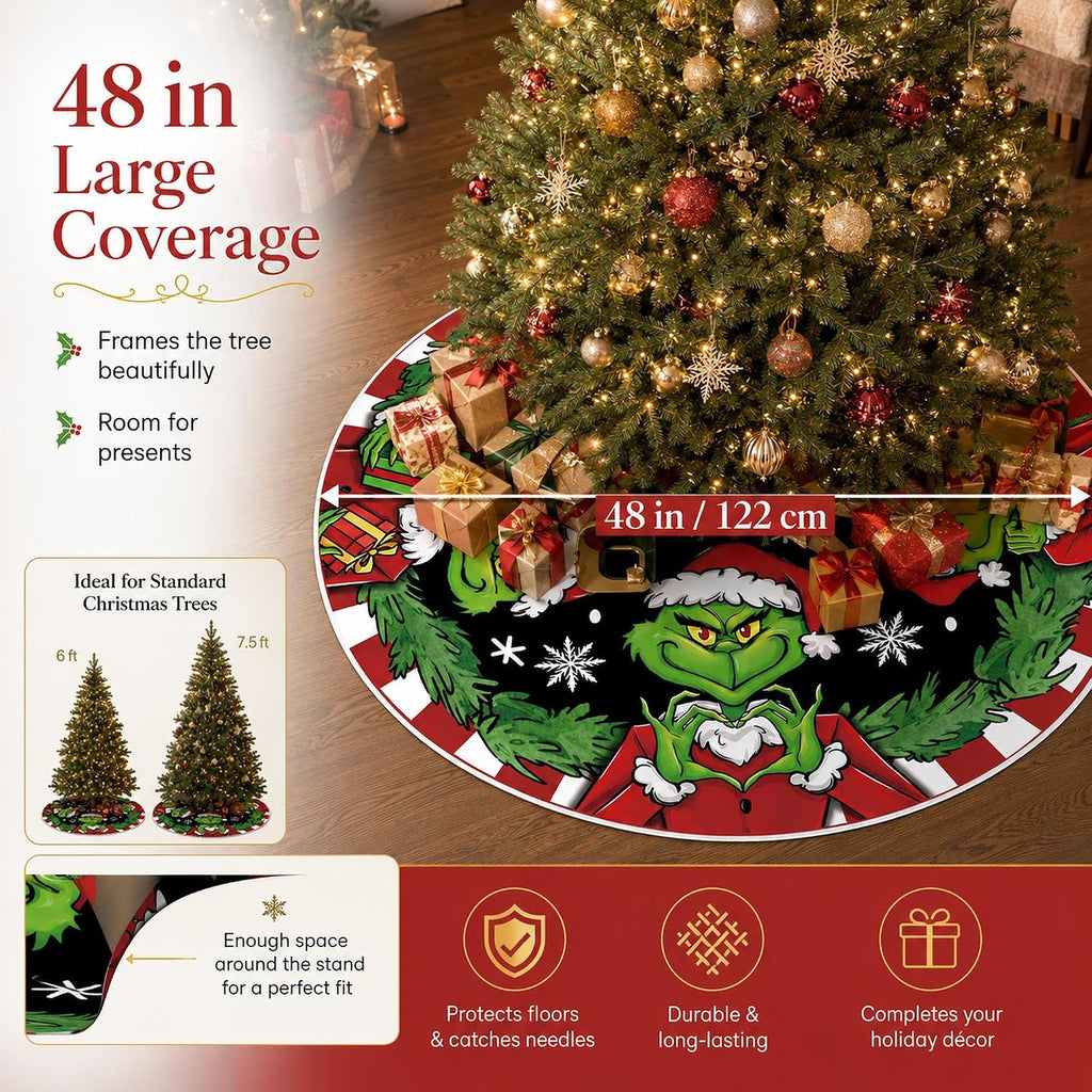 48 Inch Christmas Tree Skirt, Green Character Holiday Tree Skirt with Merry