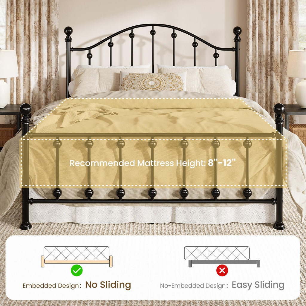 Metal Bed Frame, Victorian Headboard & Footboard, Black