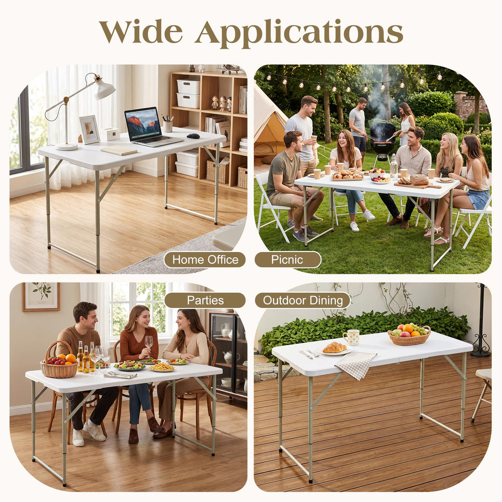 Folding Table 4 Ft, 3 Adjustable Height, Portable w/Handle, White