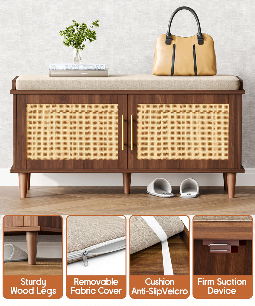 39.4" Rattan Shoe Storage Bench 2 Doors Entryway Bench Walnut