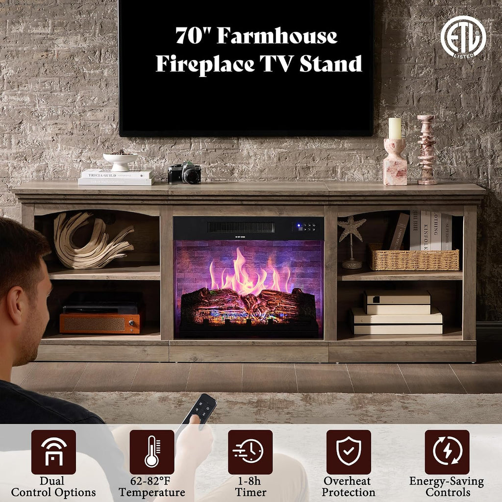 70 Inch Fireplace TV Stand for TVs up to 80", Farmhouse Entertainment Center with 23" Electric Fireplace One-Box
