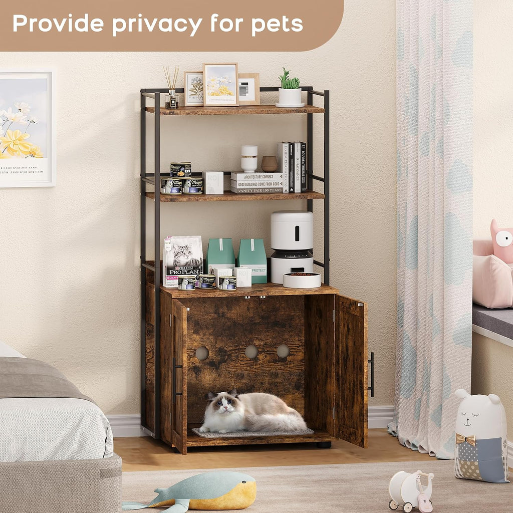Cat Litter Box Enclosure with 2-Tier Storage Shelves and Doors - Hidden Cat Washroom Cabinet - Odor Control, Enhanced