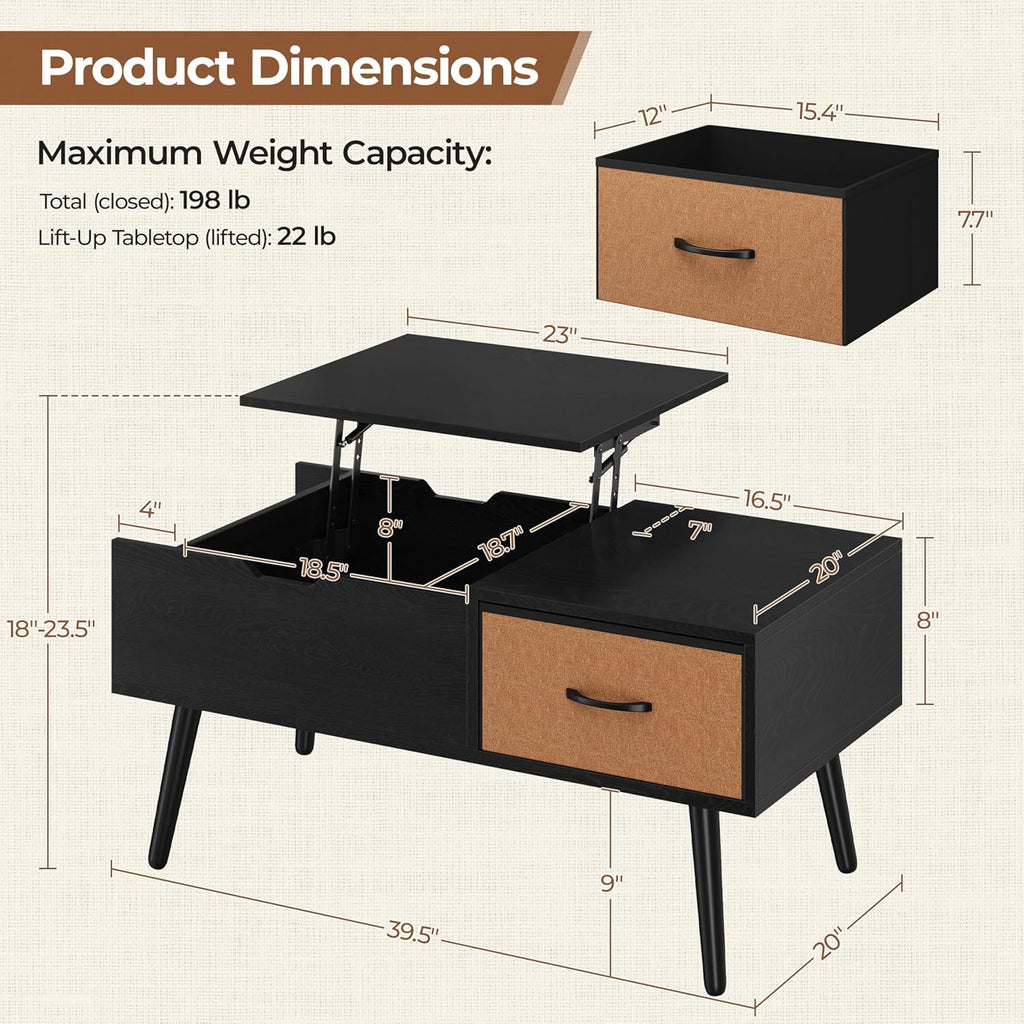 Lift Top Coffee Table, Wooden Small Center Tables with Large Storage Shelf Drawer and Hidden Compartment Modern, Black