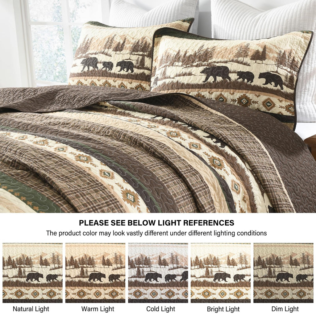 Cabin Quilt Set, 100% Cotton Farmhouse Bedspread, Forest Tree Brown Bear Deer Striped Patchwork Reversible