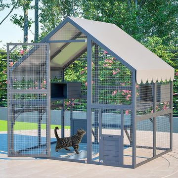 74" Large Wooden Outdoor Cat Catio Enclosure, 6×4ft Walk in Cats House Outside, Cat Shelter Kitty Cage with Sleeping