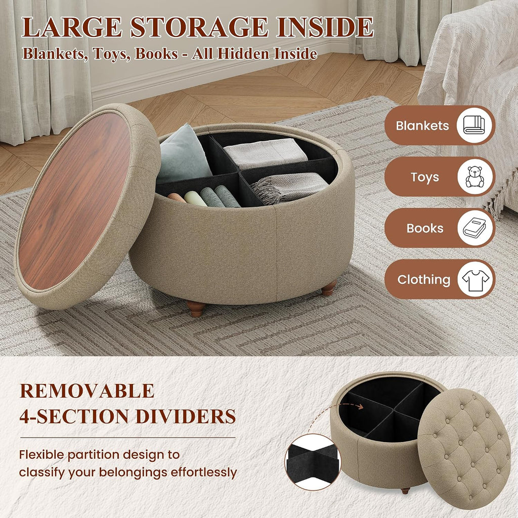 25Inch Round Storage Ottoman, Small Round Ottoman Coffee Table with Storage | Tufted Fabric Storage Ottoman with
