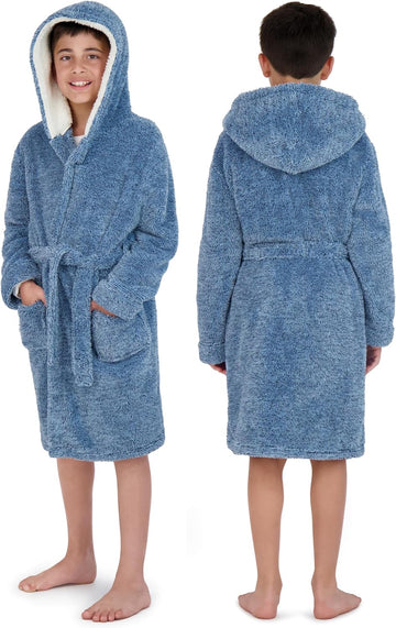 Hooded Plush Robe For Boys- Fluffy Winter PJ Robe With Pockets, Hoodie & Belt- Boys And Teens' Ultra-Soft Bathrobe