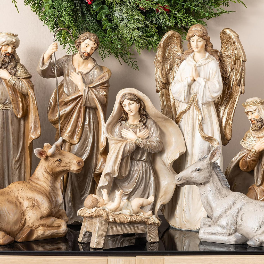10-Piece Nativity Figurines Sets for Christmas Indoor, Oversized Brown Nativity Figurines Sets, Resin Xmas Nativity