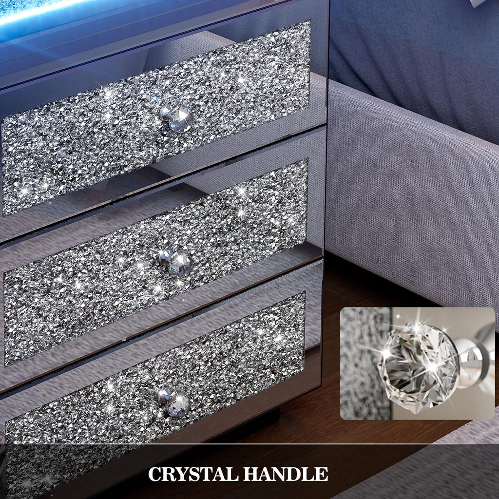 Mirrored Nightstand Set of 2, LED End Table with Wireless Charging Station, Modern Accent Side Table with 3 Crushed