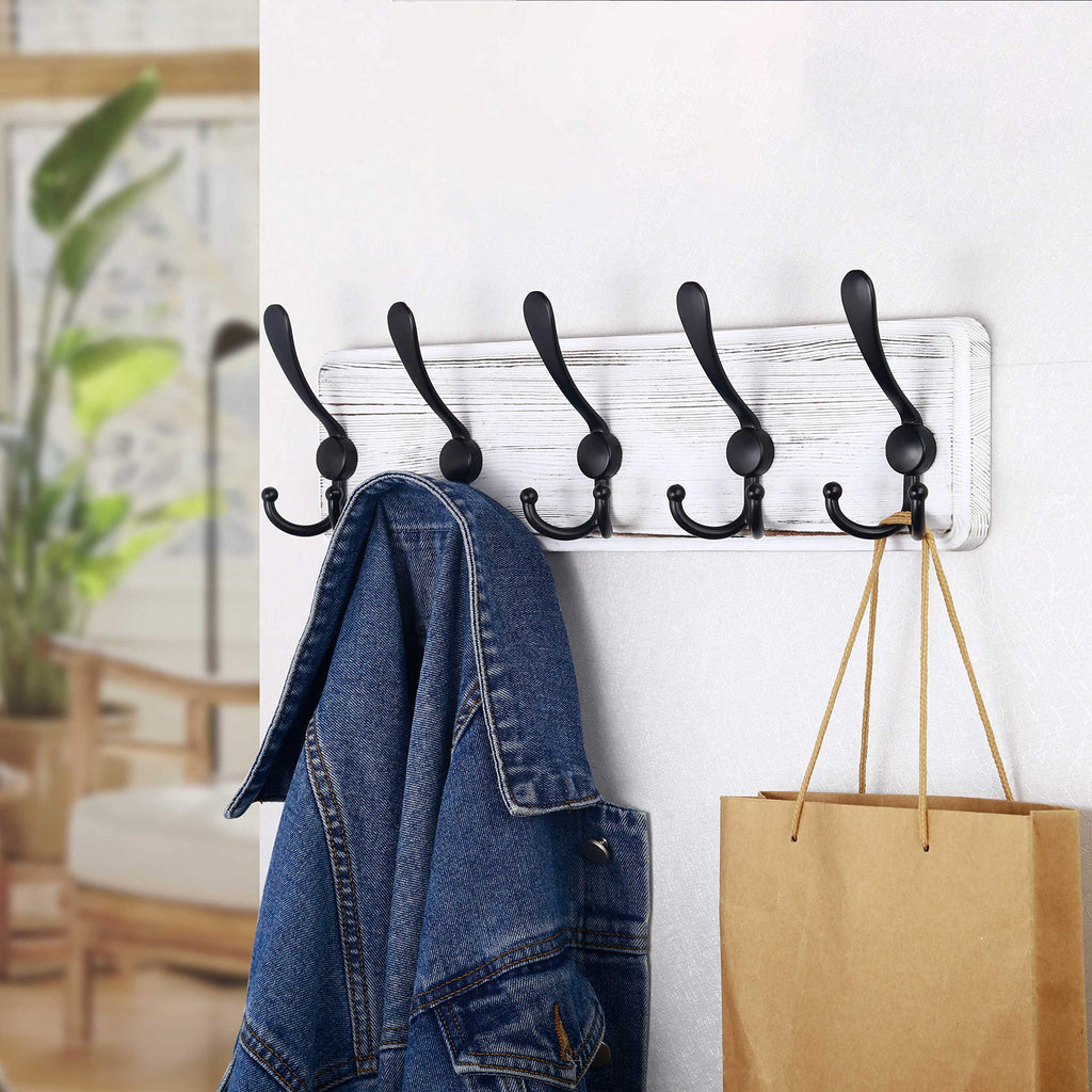 Rustic Wall Mounted Coat Rack: 16" Stud Spacing, Pine Real Wood Plank Wall Coat Rack with 5 Triple Hooks, Farmhouse