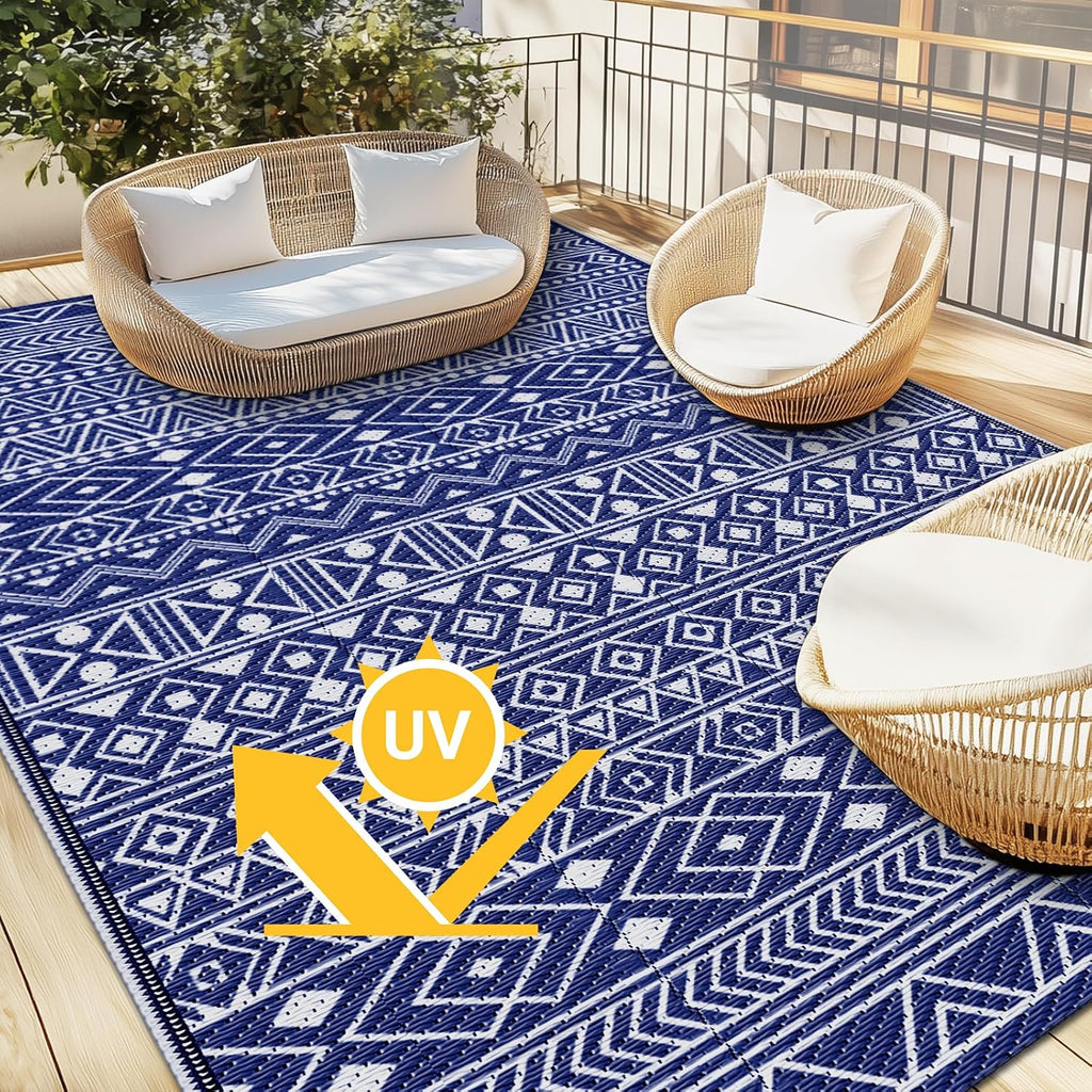 Outdoor Rug, Reversible Outdoor Plastic Straw Rugs, Blue