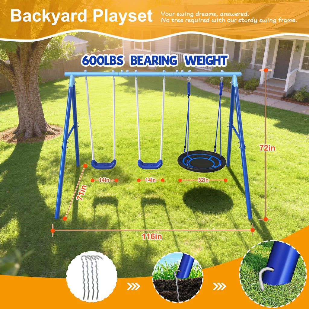 3 in 1 Swing Set for Backyard with Saucer, A-Frame Metal Outdoor Playset