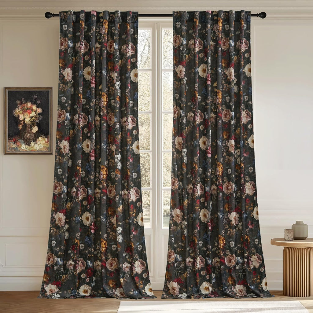 Floral Velvet Curtains 96 inches Long, Retro Blossom Printed Drapes with Energy Saving Luxury Decorative Floor to