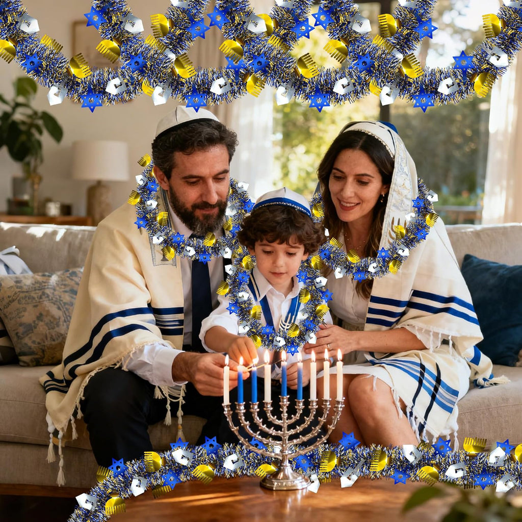50FT Hanukkah Decorations Tinsel Garland, Blue Gold Silver Shiny Metallic Tinsel Twist Hanukkah Garland with Dreidel - Set of 50