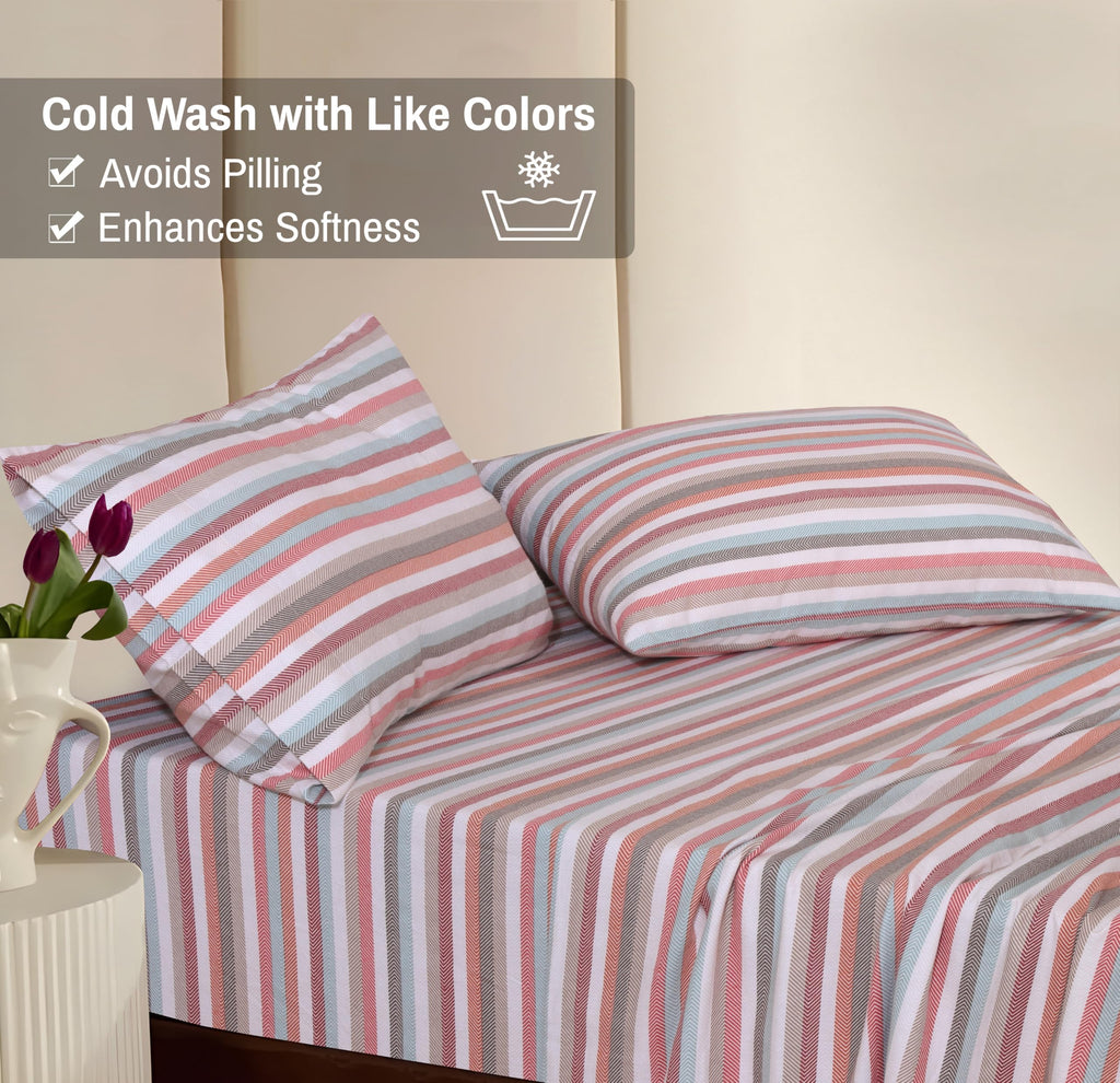 100% Cotton Flannel Sheets King Size, 4 PCs, Multi Chevron Stripe