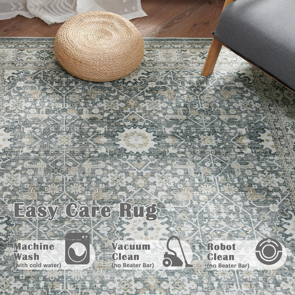 Vintage Floral Area Rug, Washable Non Slip, Gray Multi